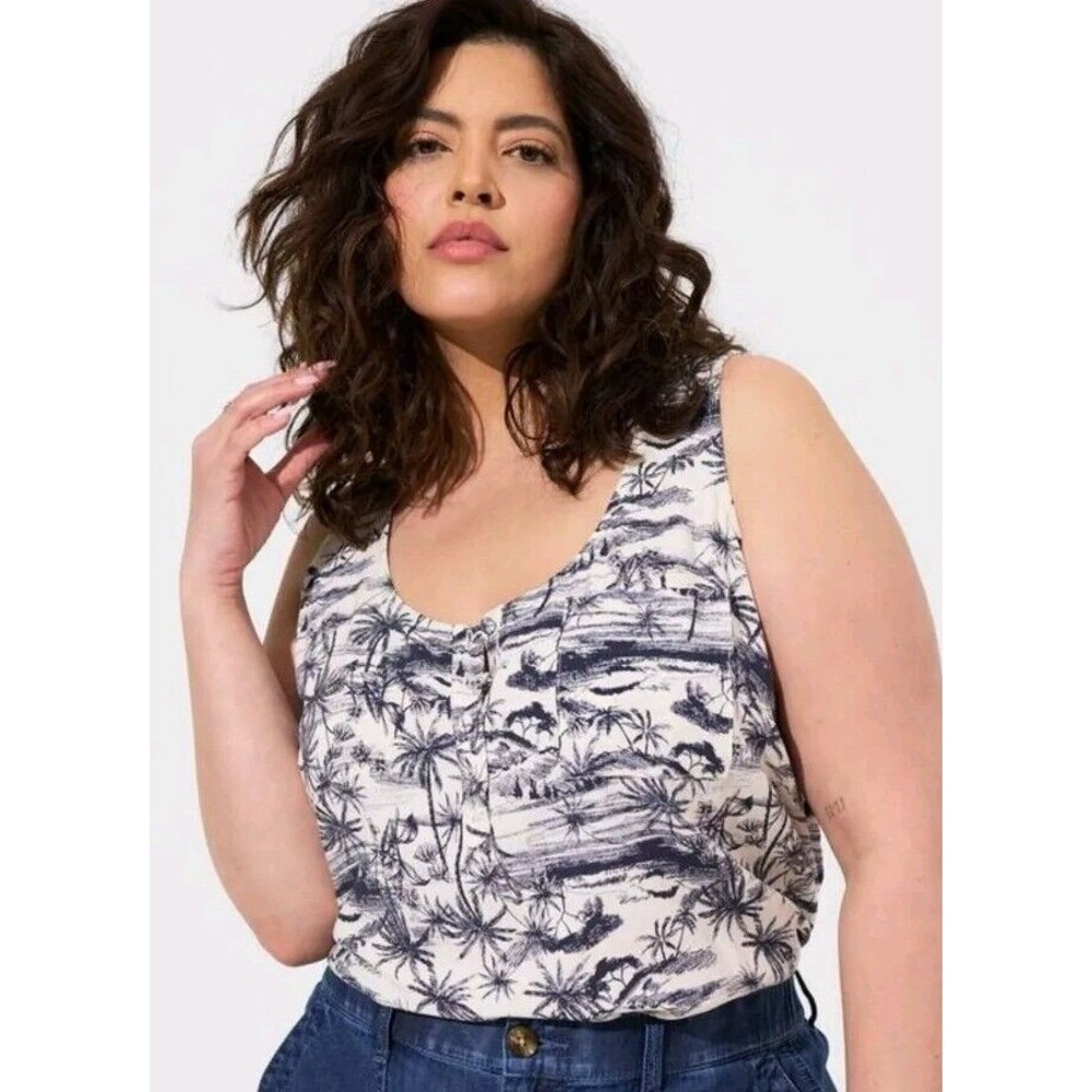 Torrid Sz 2 2X Plus Navy Cream Palm Tree Challis Henley Tank Henley Jungle Beach